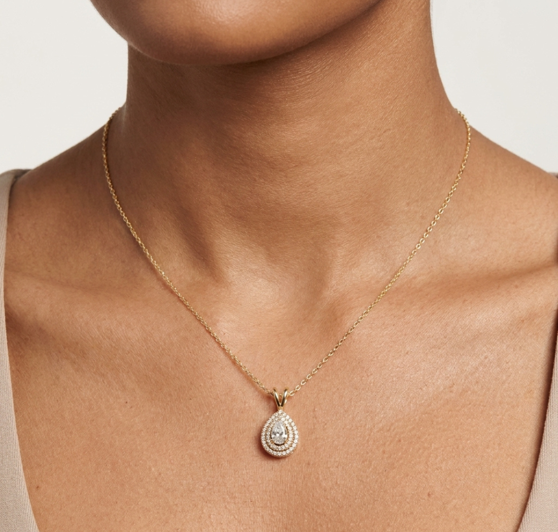 Gold Double Halo Pear Lab Grown Diamond Lyxen Pendant