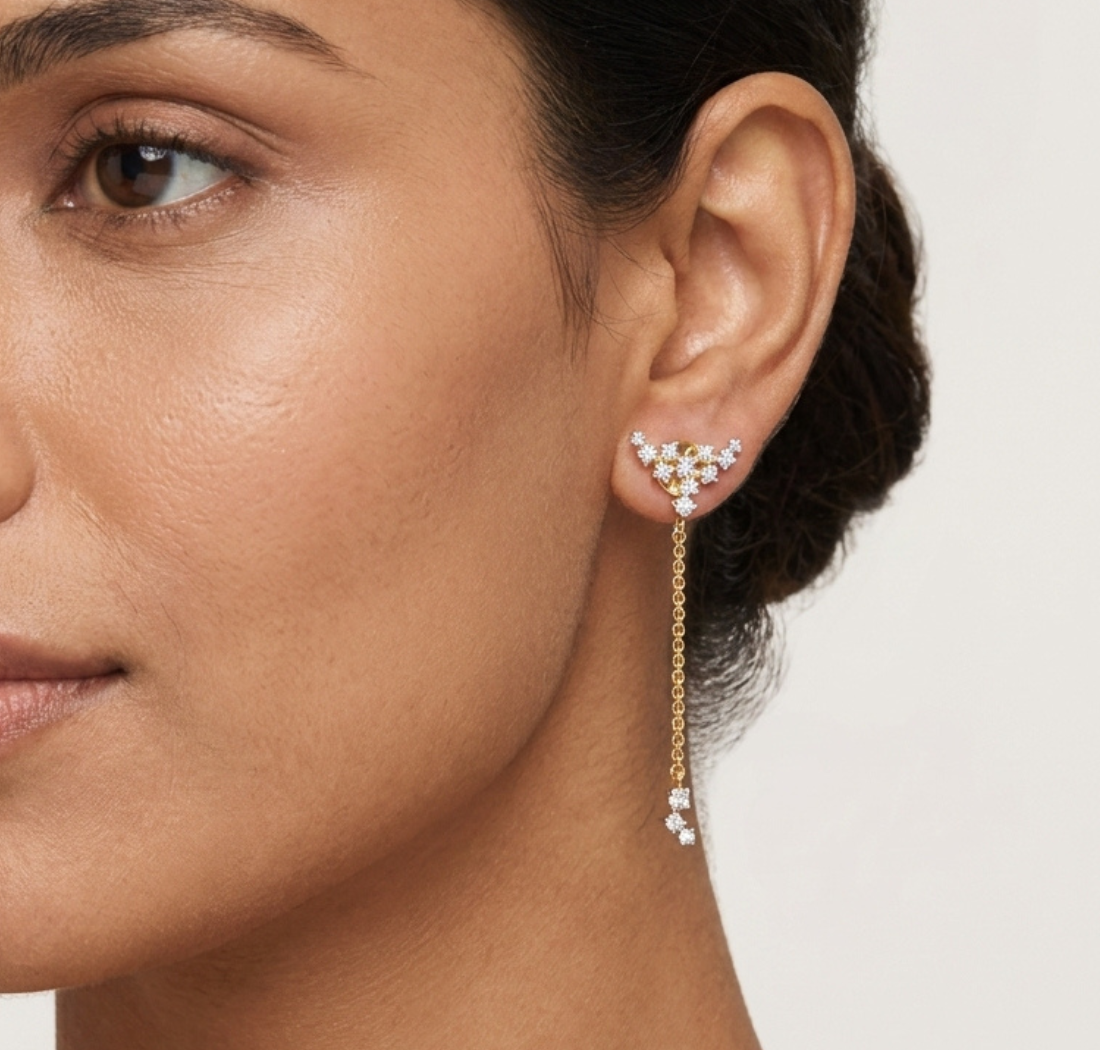 Gold Floral Cluster Chain Drop Design Round Lab Grown Diamond Myrix Earring