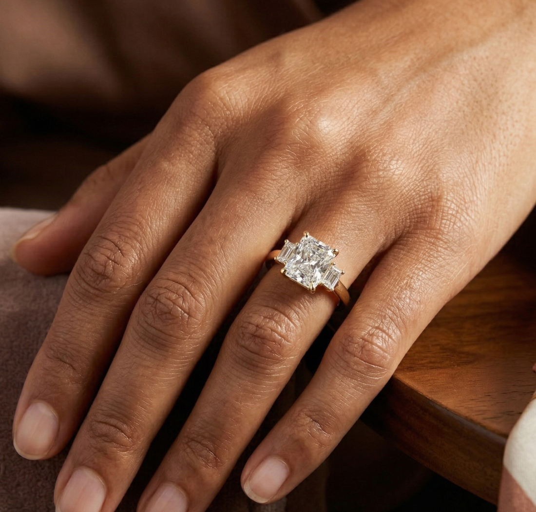 Gold 1 5Ct Radiant Three Stone Lab Grown Diamond Novira Ring