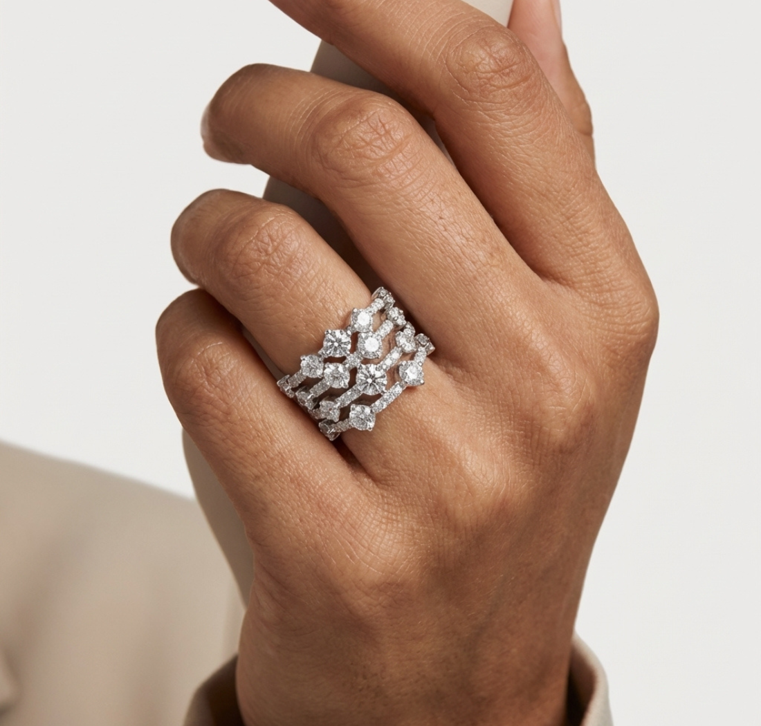 Gold 2Ct Multi Row Pave Round Lab Grown Diamond Orvee Ring