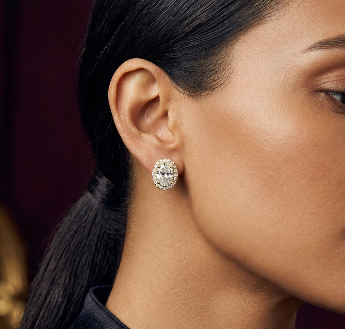 Gold 1Ct Oval Halo Lab Grown Diamond Orvella Earring
