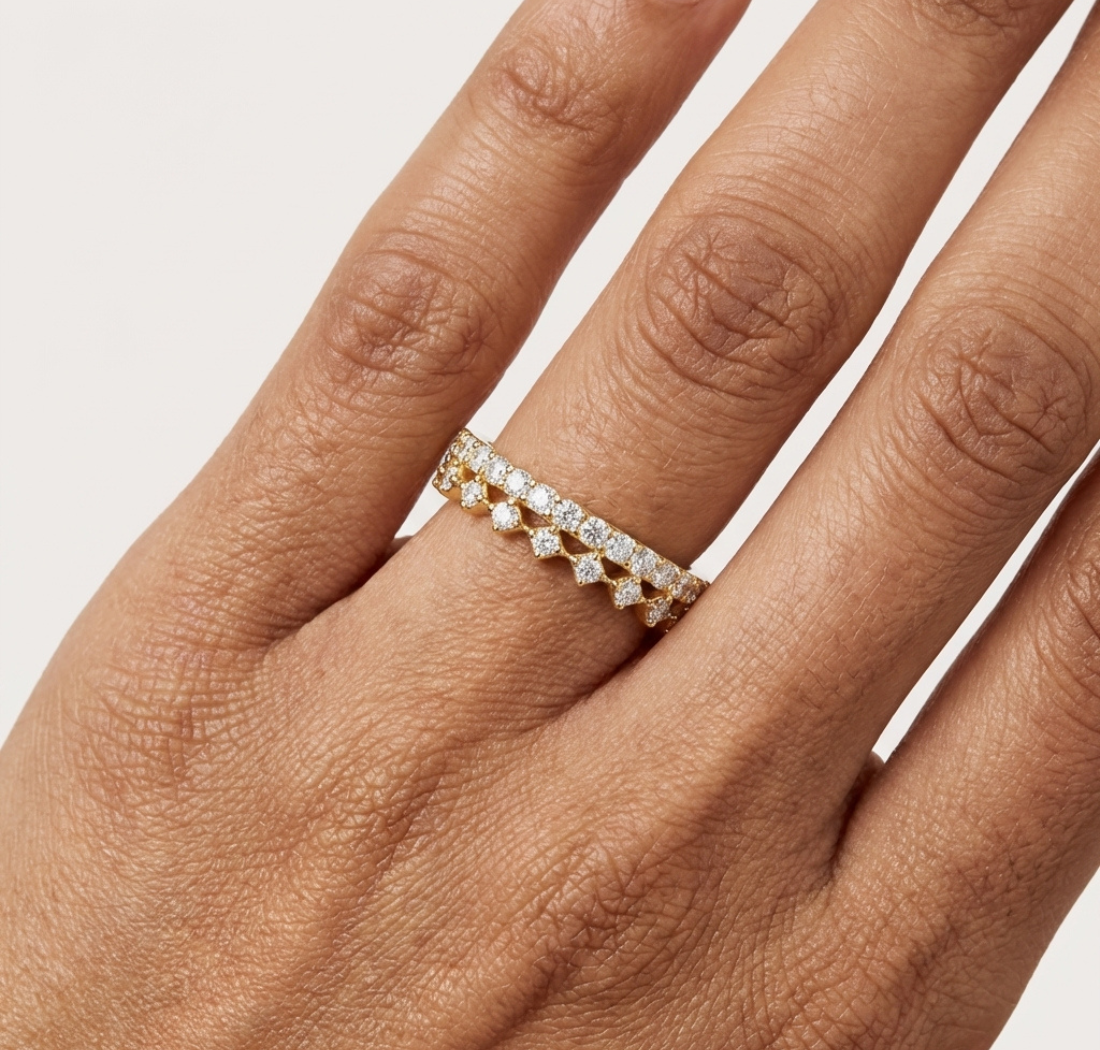 Gold 1Ct Double Pave Crown Design Round Lab Grown Diamond Oryxis Ring