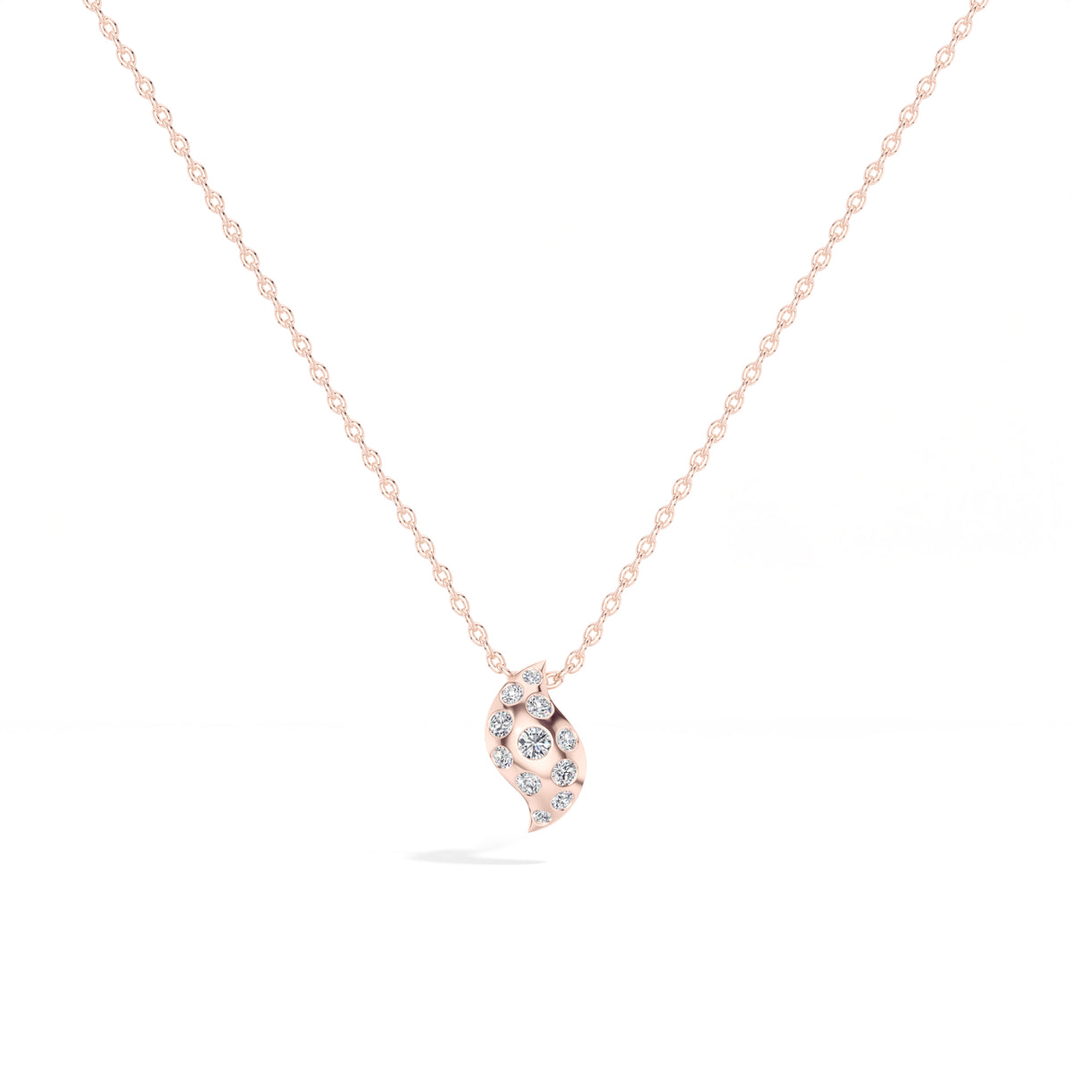 Leaf Pendant Round Lab Grown Diamond Graduated Pave Curved Leaf
