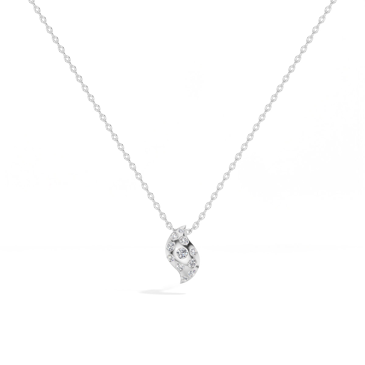 Leaf Pendant Round Lab Grown Diamond Graduated Pave Curved Leaf