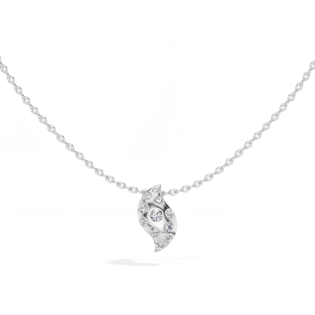 Leaf Pendant Round Lab Grown Diamond Graduated Pave Curved Leaf
