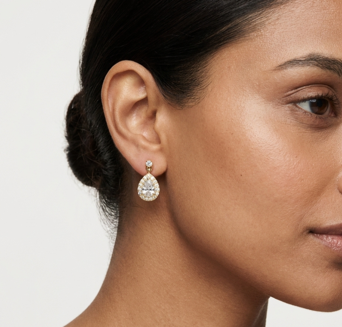 Gold Halo Pear Dangle Lab Grown Diamond Paisley Earring