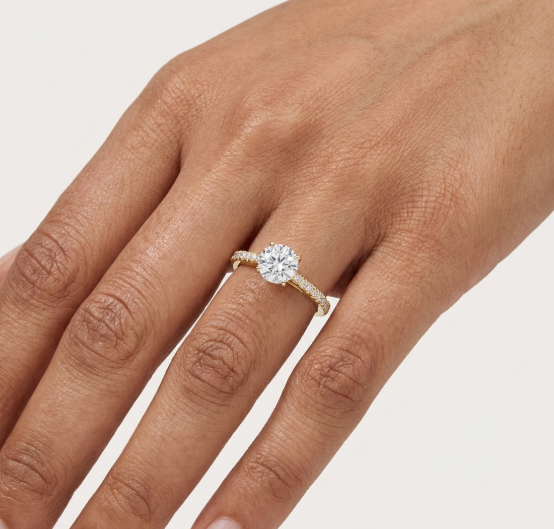 Gold 1Ct 4Prong Solitaire Round Pave Shank Lab Grown Diamond Philon Ring