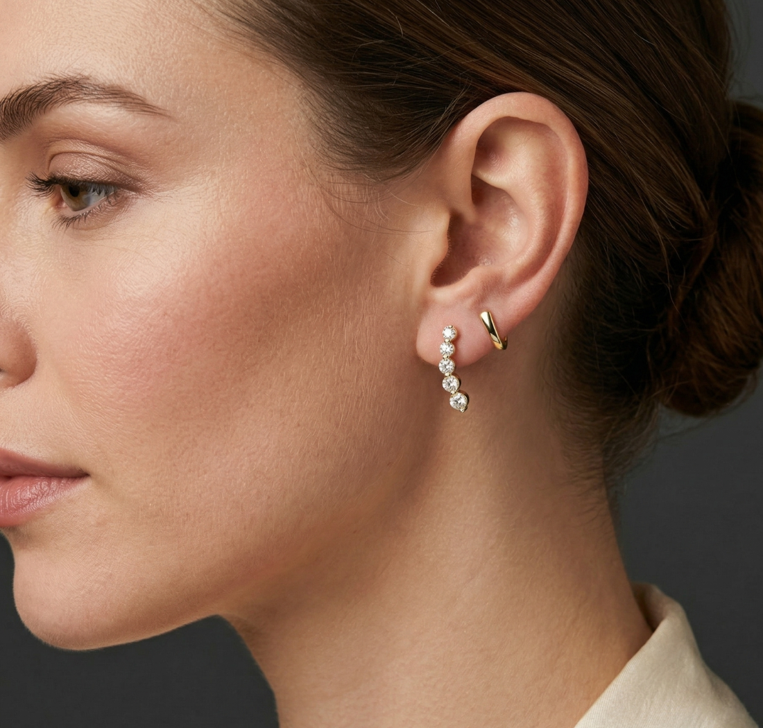 Gold Petal Linear Drop Design Round Lab Grown Diamond Qyren Earring