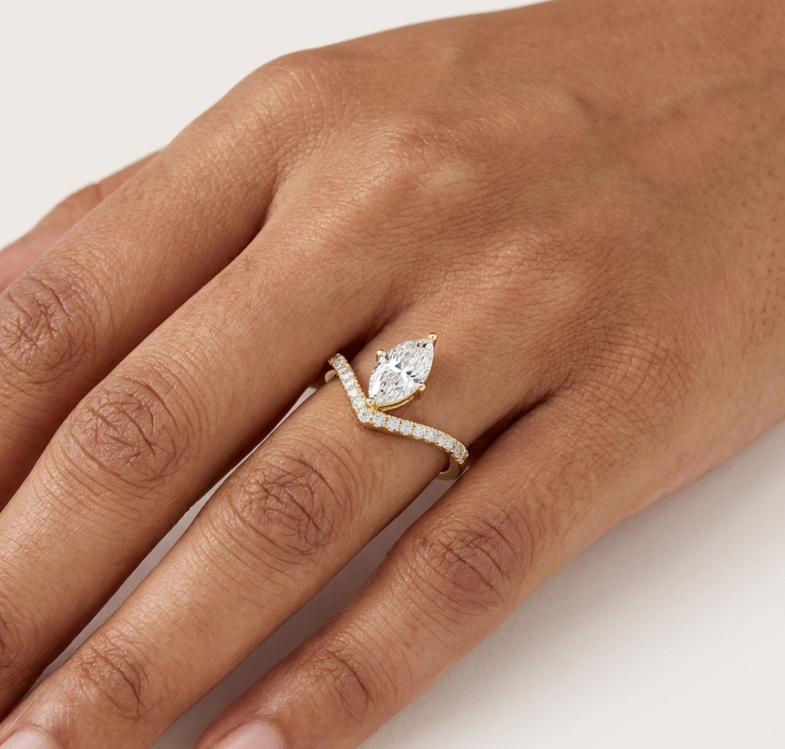 Gold 1Ct Pave Chevron Marquise Lab Grown Diamond Qirel Ring