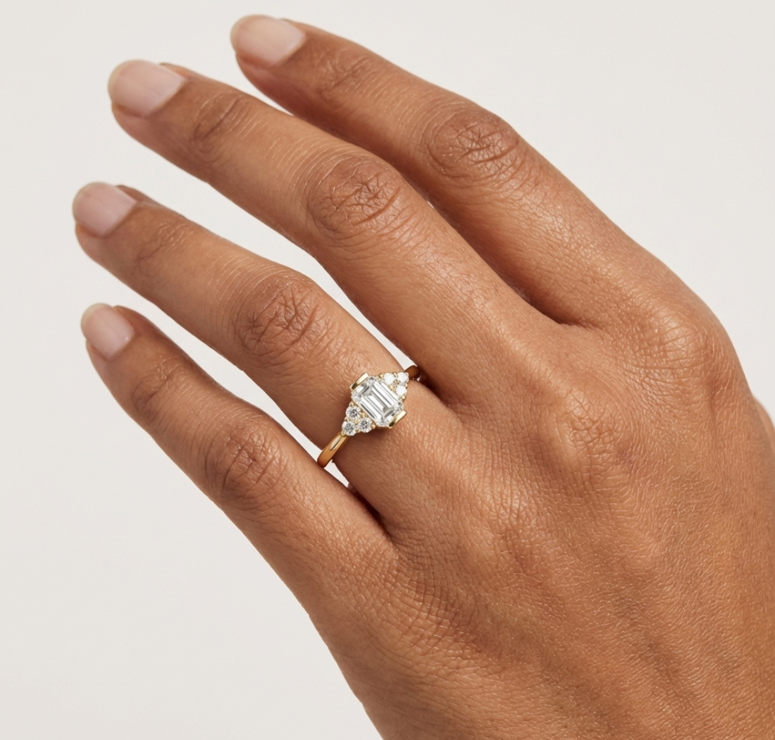 Gold Three Stone Emerald Lab Grown Diamond Quera Ring