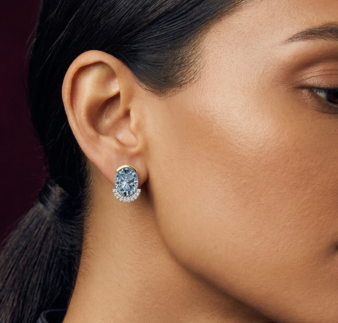 Gold 3 50Ct Halo Blue Stone Oval Stud Lab Grown Diamond Quivra Earring