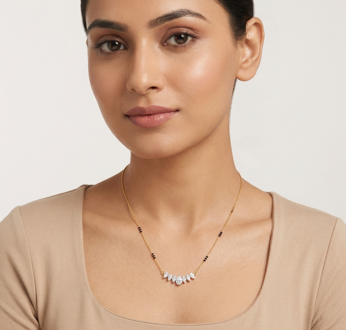Gold 1 50Ct Graduated Prong Pear Lab Grown Diamond Qyra Mangalsutra