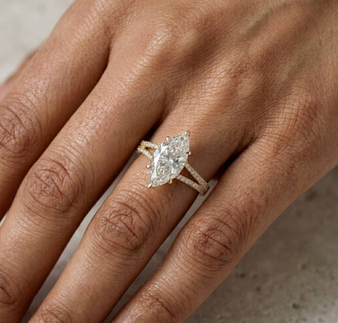 Gold 2 5Ct Marquise Cut Pave Split Shank Lab Grown Diamond Raveira Ring