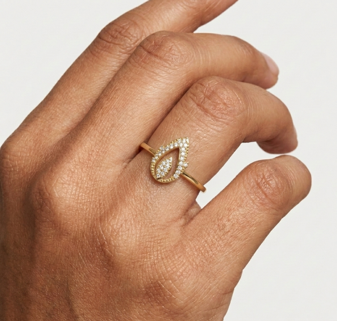 Gold Dual Leaf Halo Setting Round Lab Grown Diamond Rhyva Ring