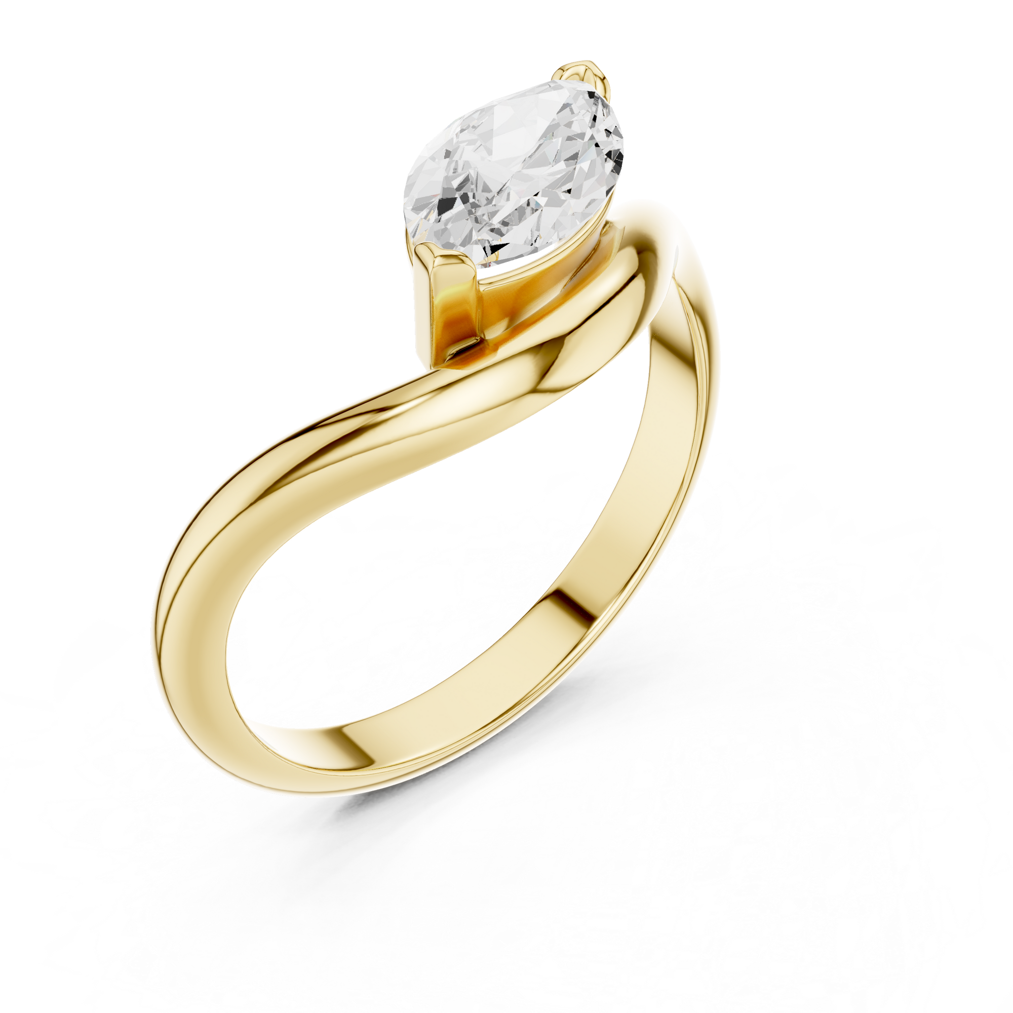 yellow gold lab grown diamond ring presenting an asymmetrical wave design with marquise focal