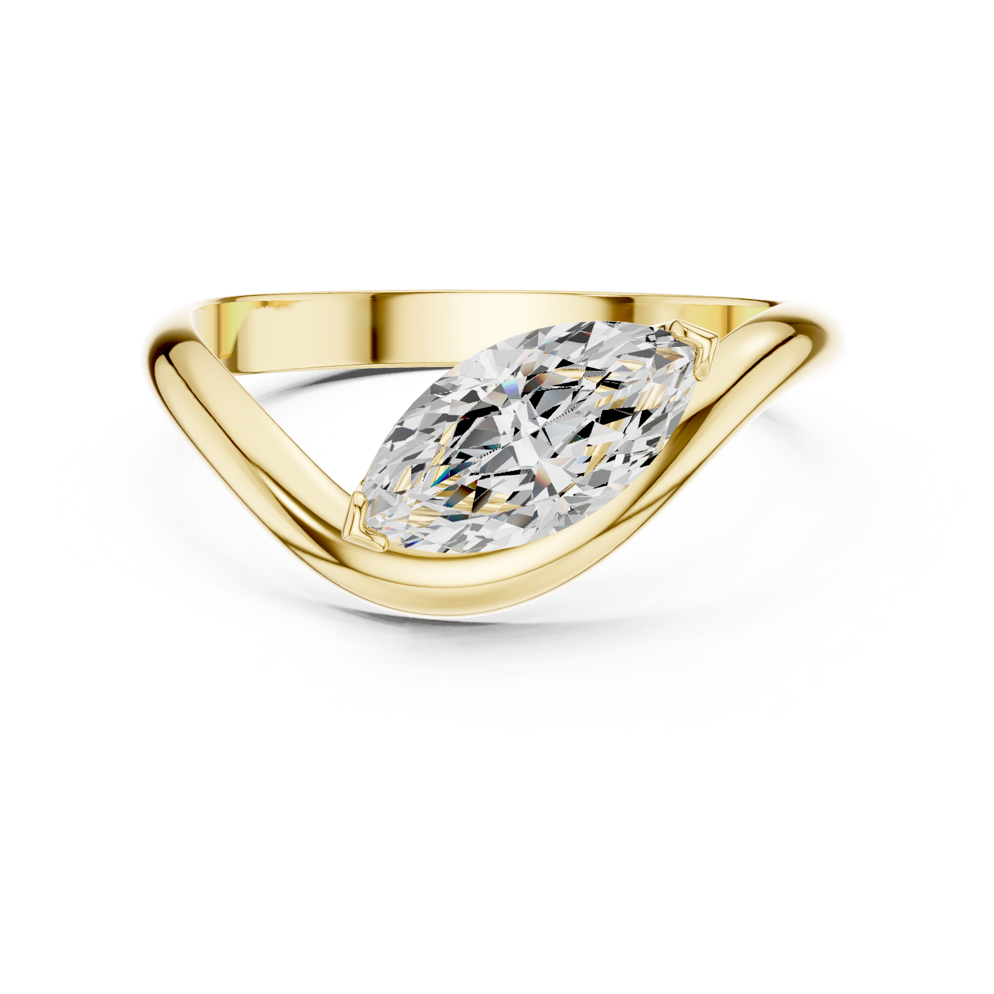 yellow gold ring featuring a lab grown marquise diamond in a smooth spiral-inspired design.