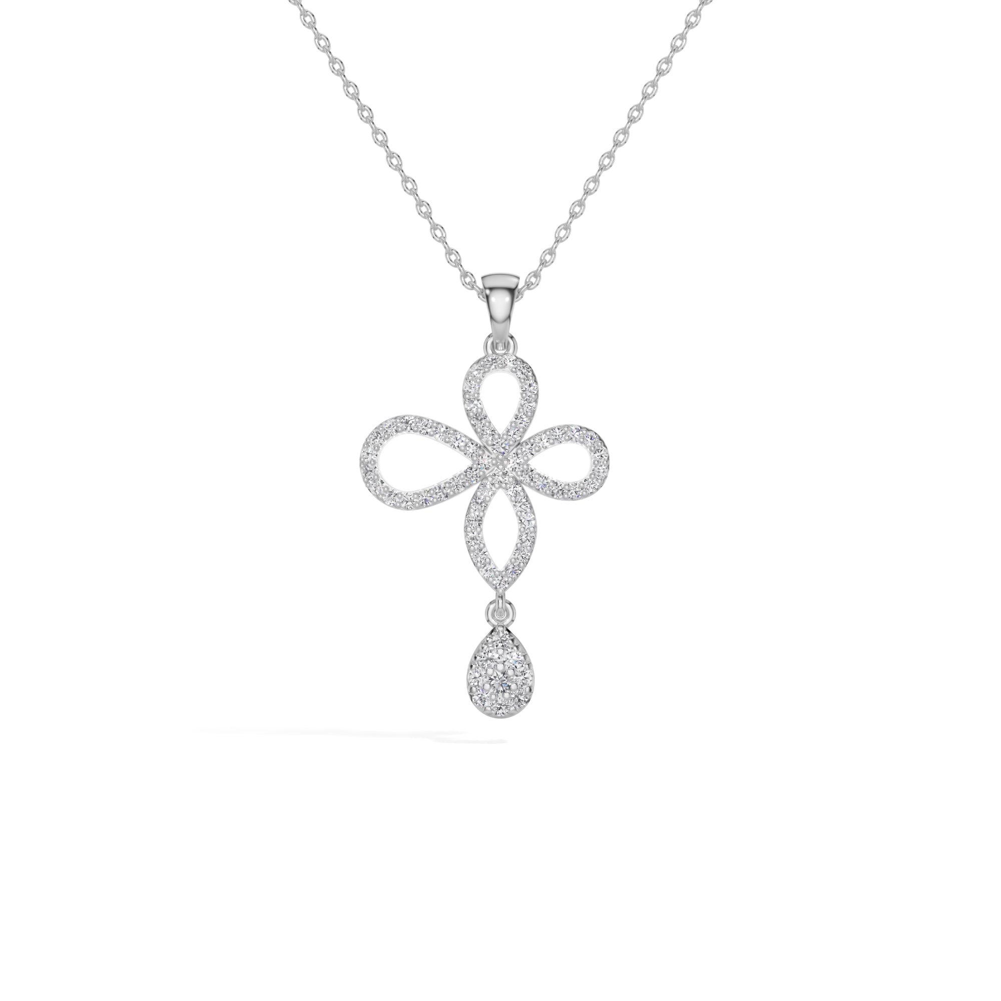 White Gold Floral Pave Drop Round Lab Grown Diamond Aroven Pendant
