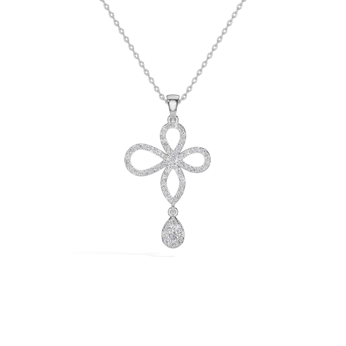 White Gold Floral Pave Drop Round Lab Grown Diamond Aroven Pendant