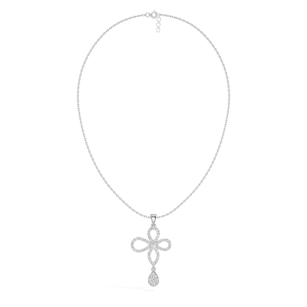 White Gold Floral Pave Drop Round Lab Grown Diamond Aroven Pendant