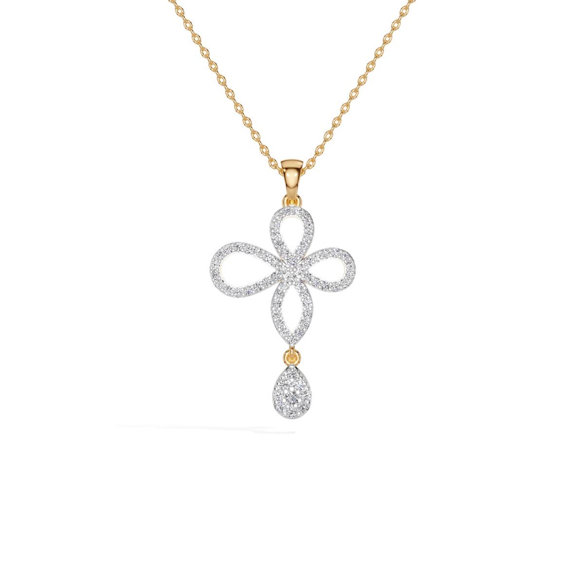 Yellow Gold Floral Pave Drop Round Lab Grown Diamond Aroven Pendant