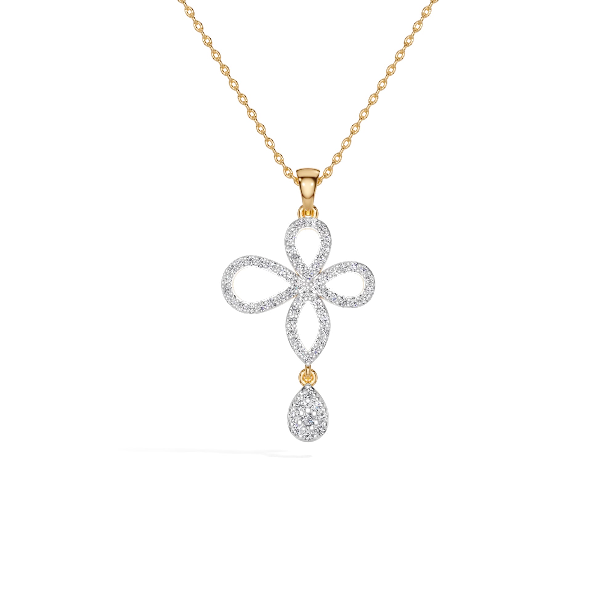 Yellow Gold Floral Pave Drop Round Lab Grown Diamond Aroven Pendant