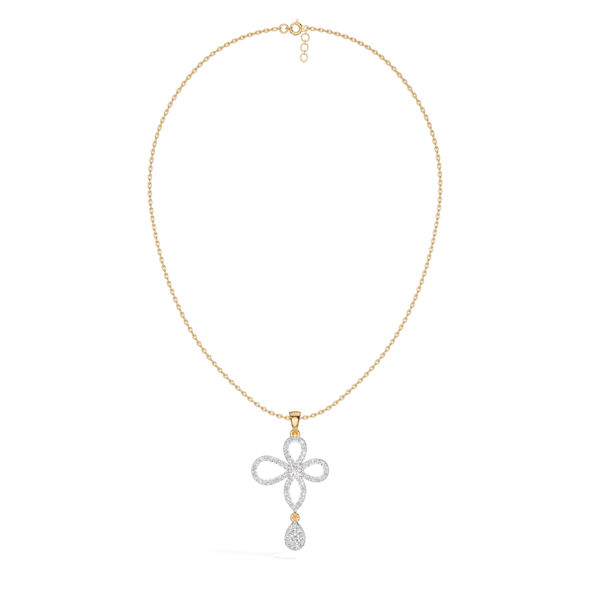 Yellow Gold Floral Pave Drop Round Lab Grown Diamond Aroven Pendant