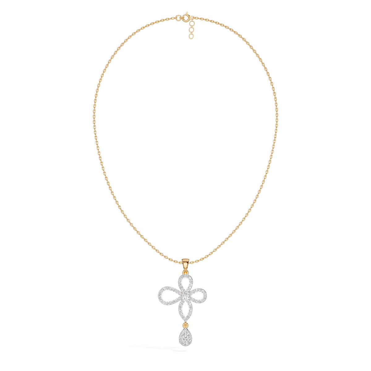 Yellow Gold Floral Pave Drop Round Lab Grown Diamond Aroven Pendant