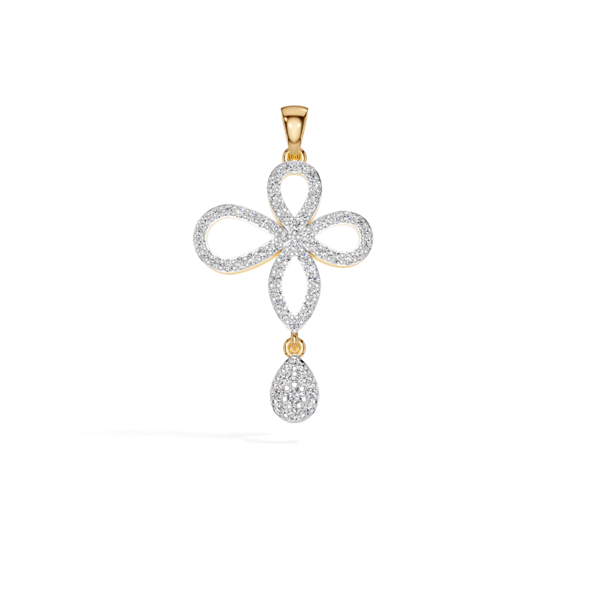Yellow Gold Floral Pave Drop Round Lab Grown Diamond Aroven Pendant