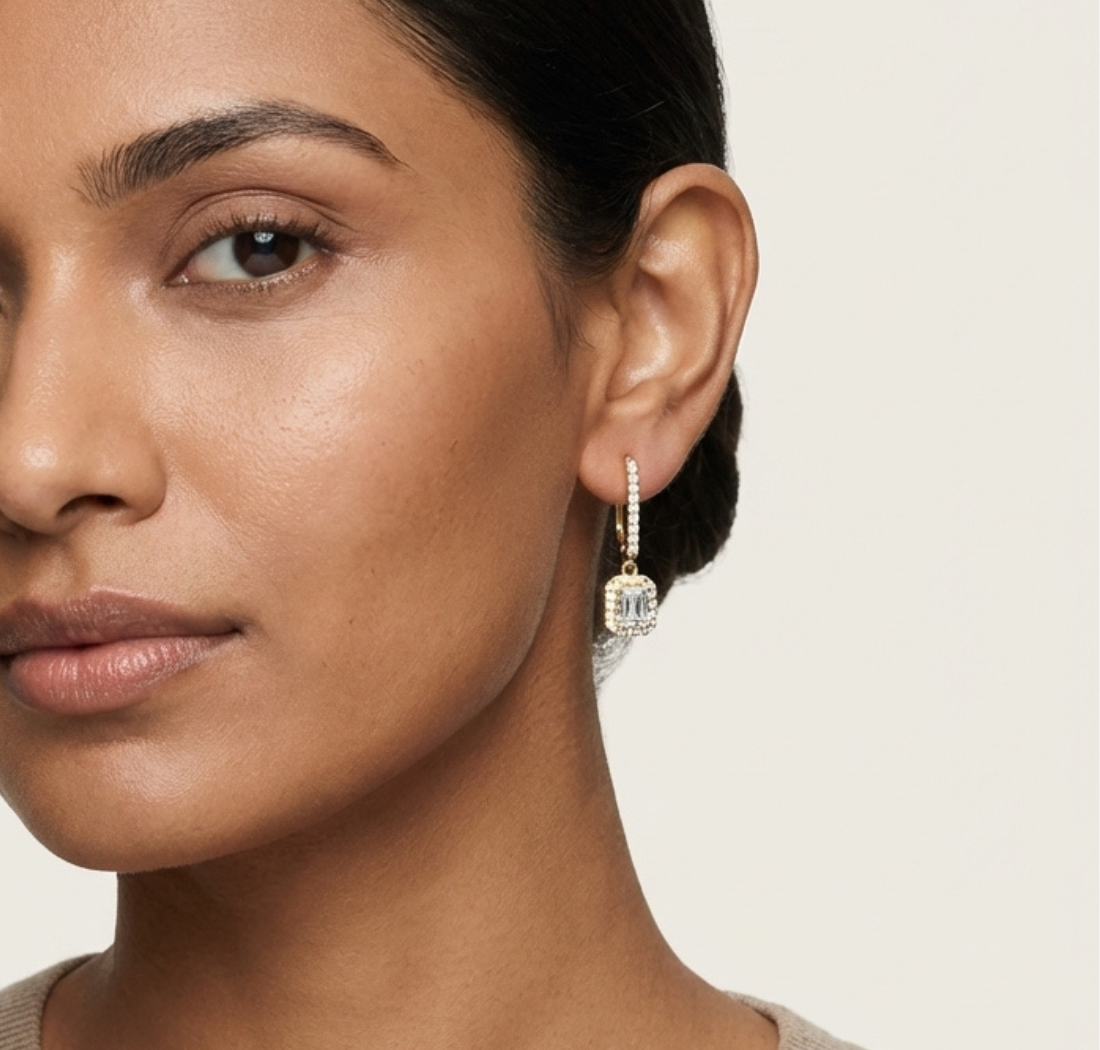 Gold Halo Drop Setting Radiant Lab Grown Diamond Sarela Earring