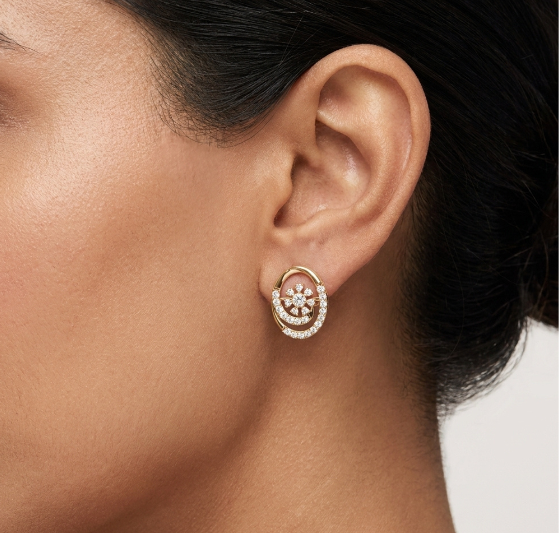 Gold Spiral Halo Floral Design Round Lab Grown Diamond Sylor Earring