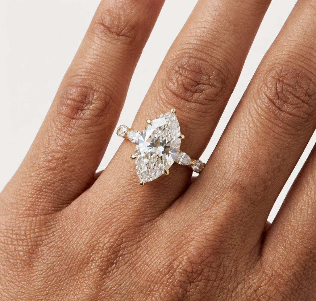 Gold 4Ct 6Prongs Solitaire Marquise Side Stone Lab Grown Diamond Tad Ring