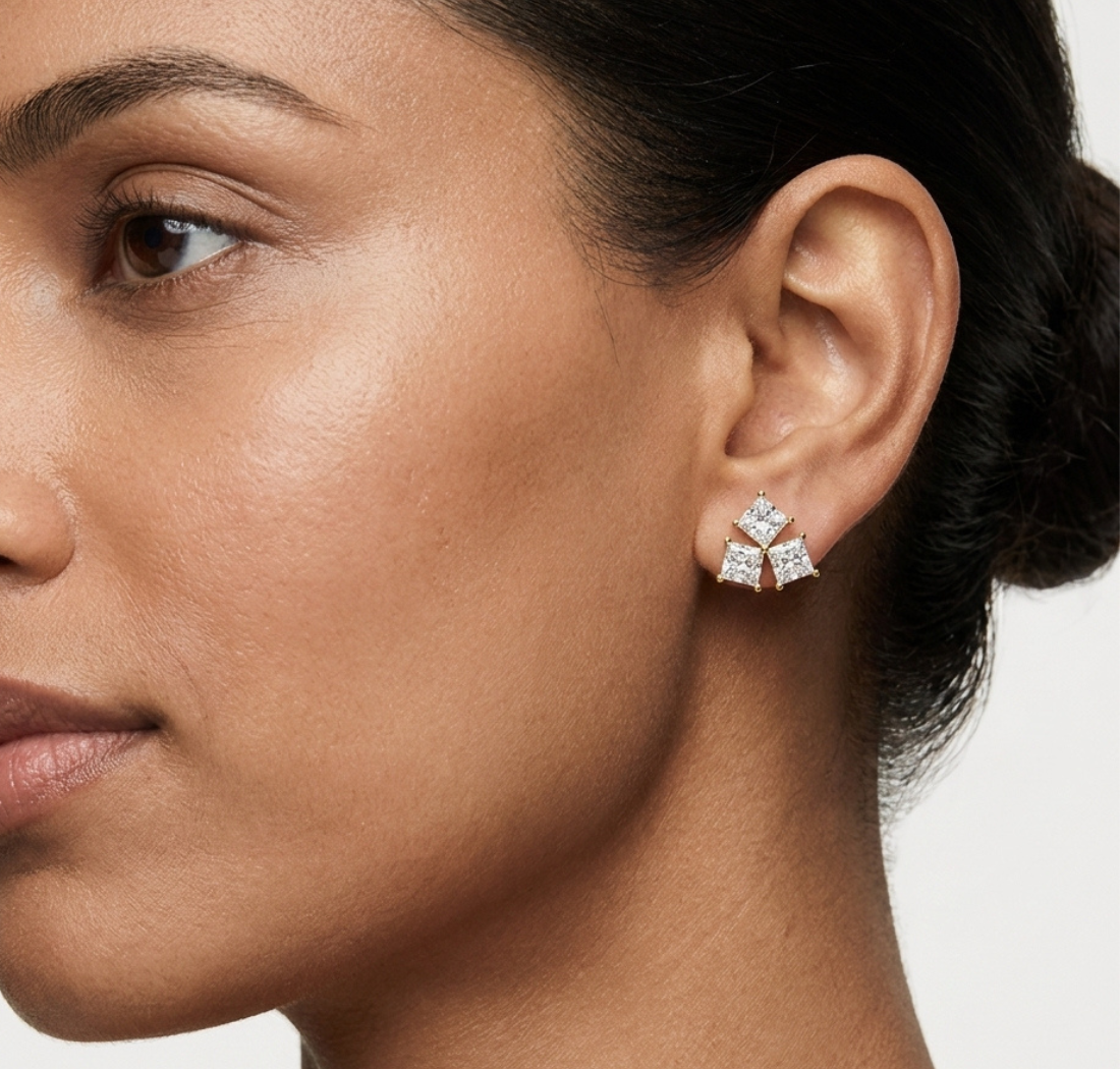 Gold Tri Stone Cluster Setting Princess Lab Grown Diamond Talyn Earring