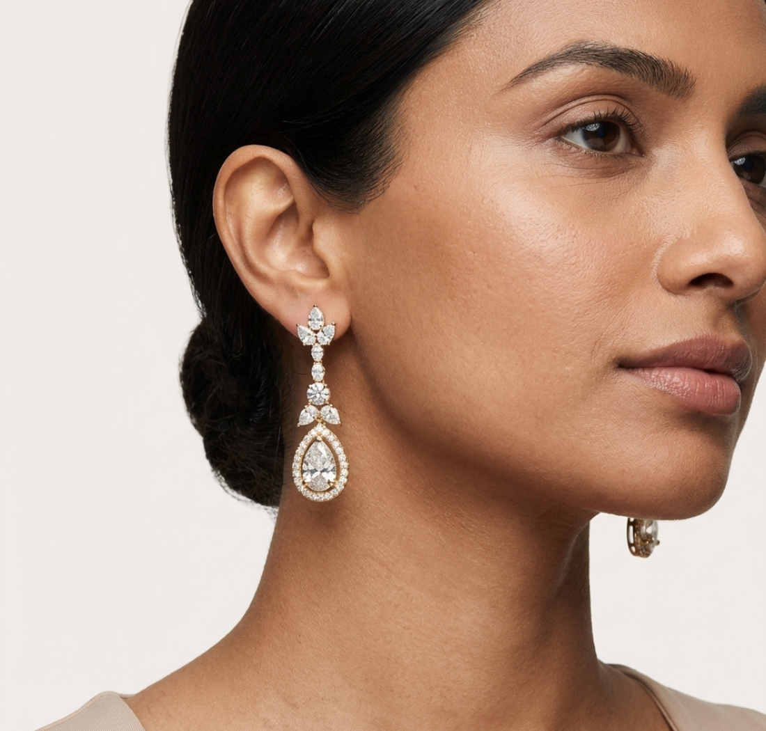 Gold 3Ct Oval Pave Halo Drop Lab Grown Diamond Tiryn Earring