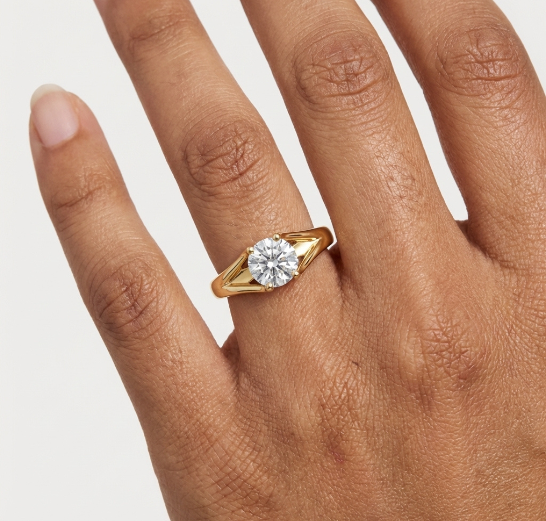 Gold 1Ct Round V Split Shank Solitaire Lab Grown Diamond Torian Ring