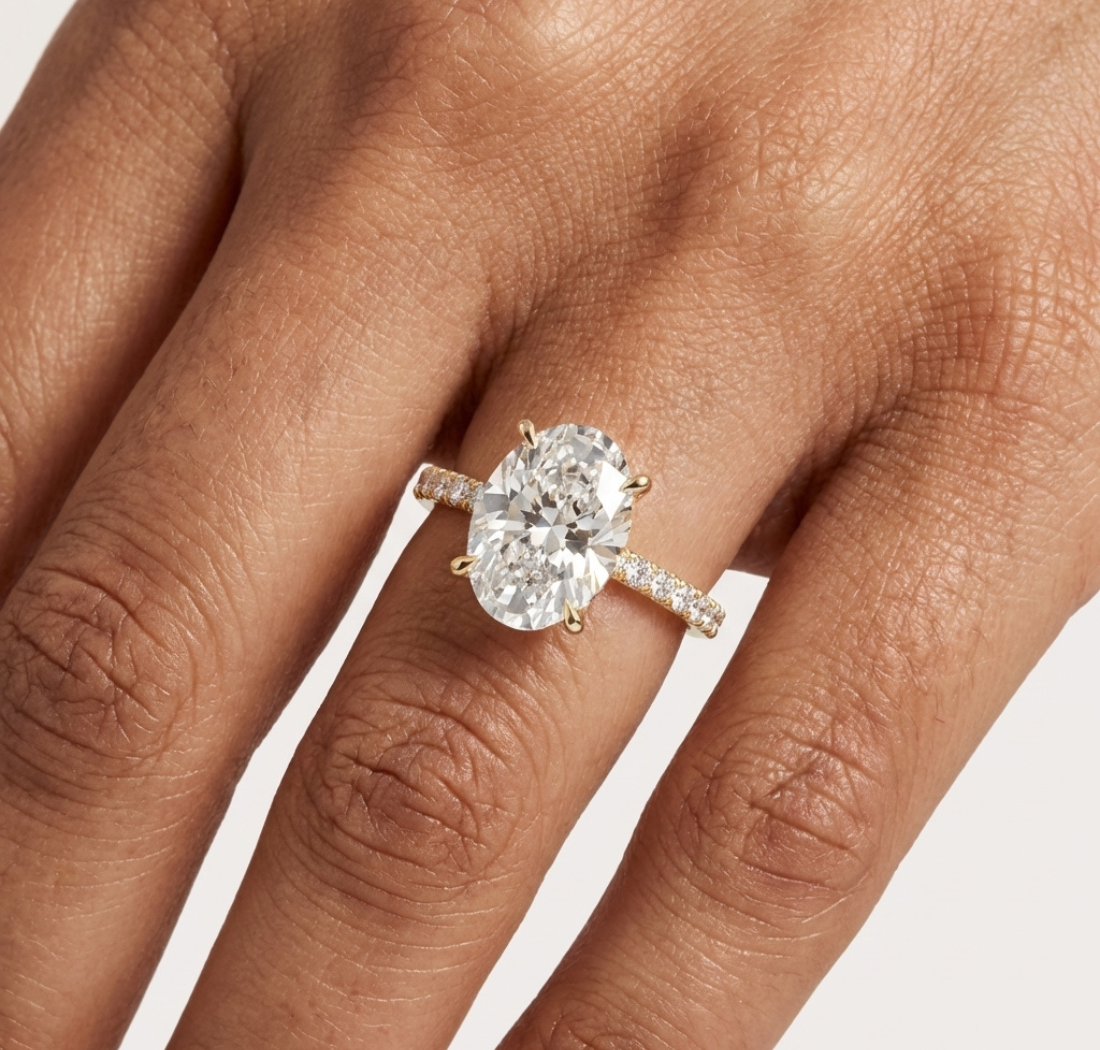 Gold 3Ct Solitaire Pave Oval Lab Grown Diamond Tovia Ring