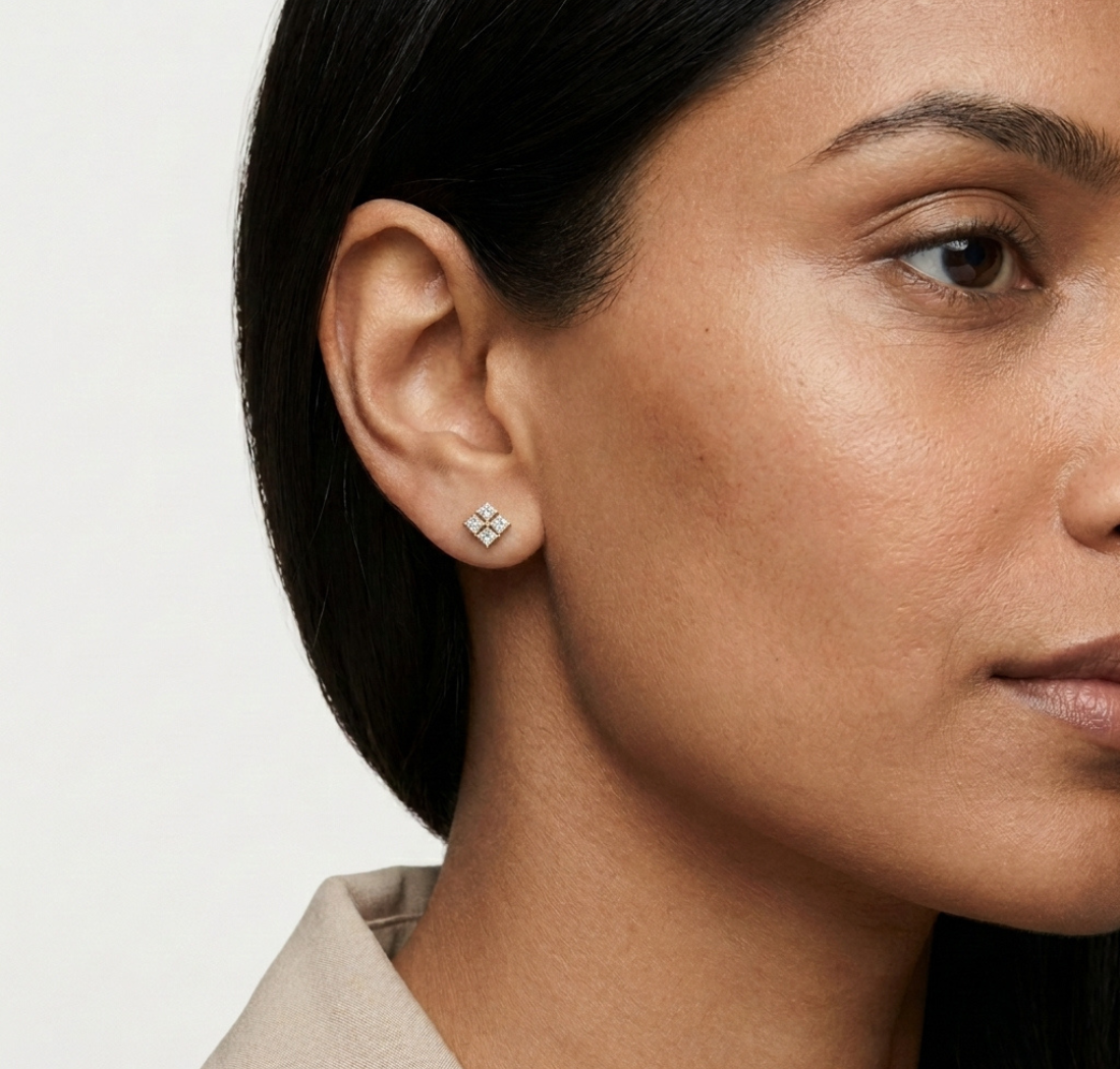 Gold Geometric Cluster Design Princess Lab Grown Diamond Ulren Earring