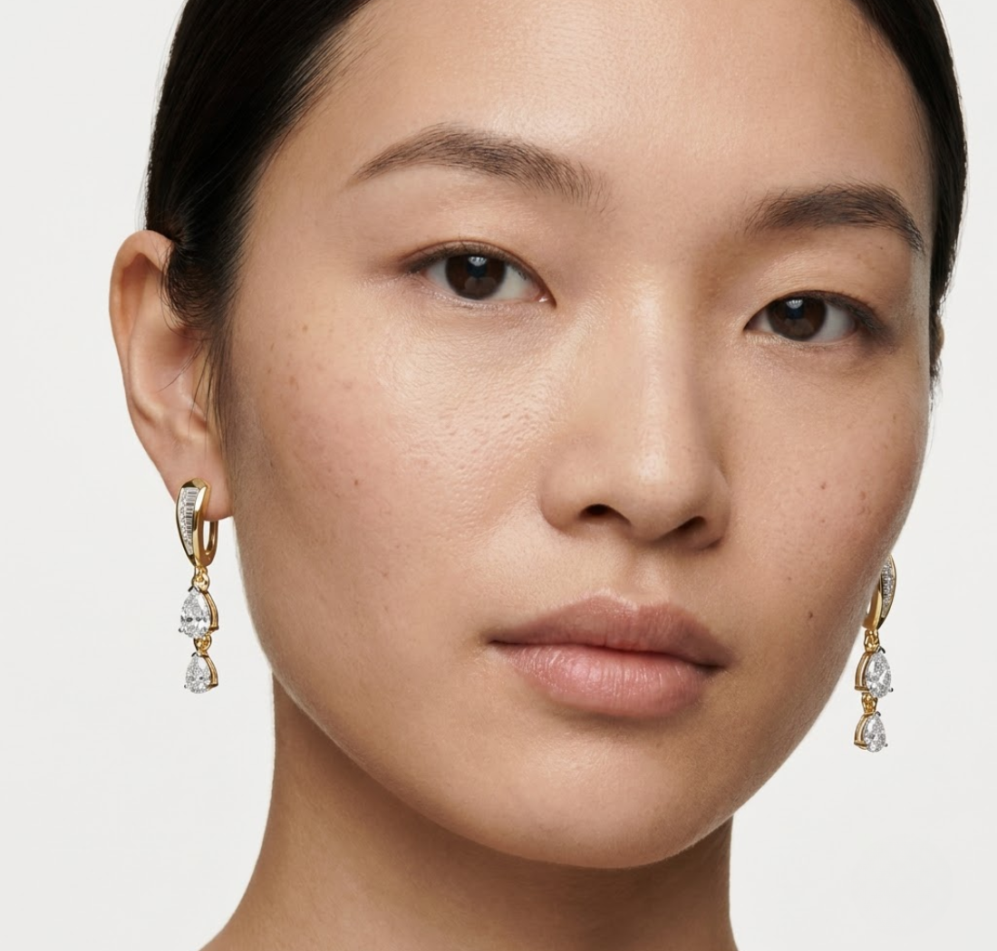 Baguette Hoop Graduated Pear Drop Lab Grown Diamond Vaelen Earrings 