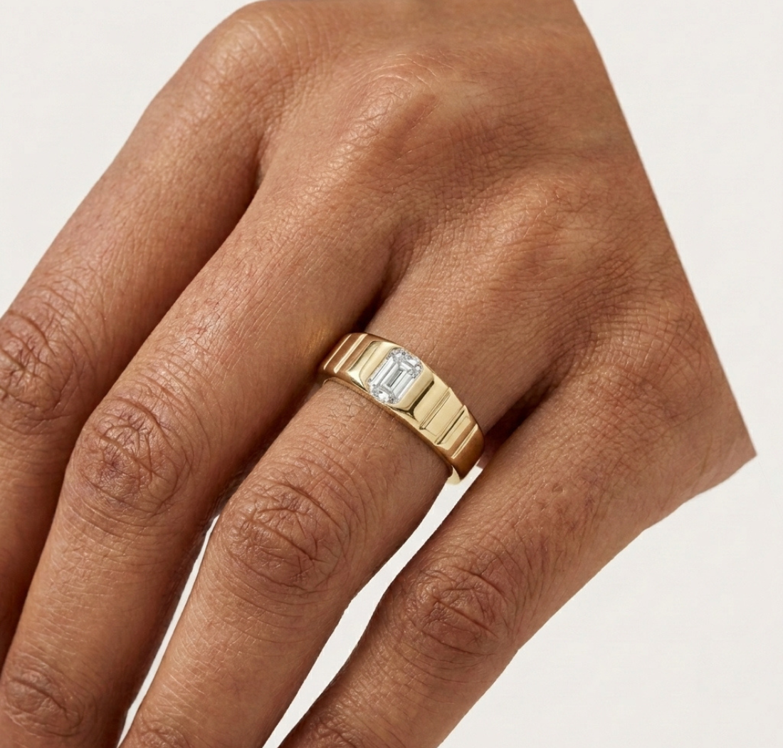 Gold 1Ct Bezel Setting Emerald Lab Grown Diamond Vairo Ring