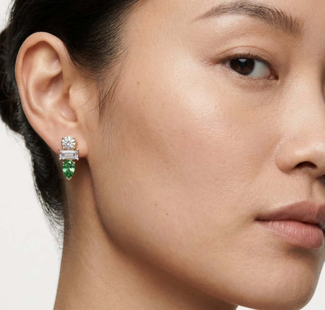 Pear & Emerald Lab Grown Diamond Three-Stone Dangler Verena Earrings 