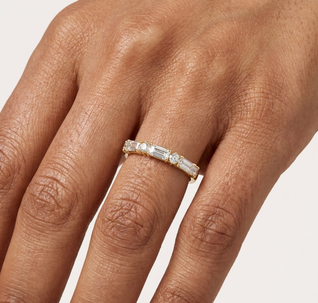Gold Emerald Baguette Round Half Eternity Lab Grown Diamond Vionx Ring