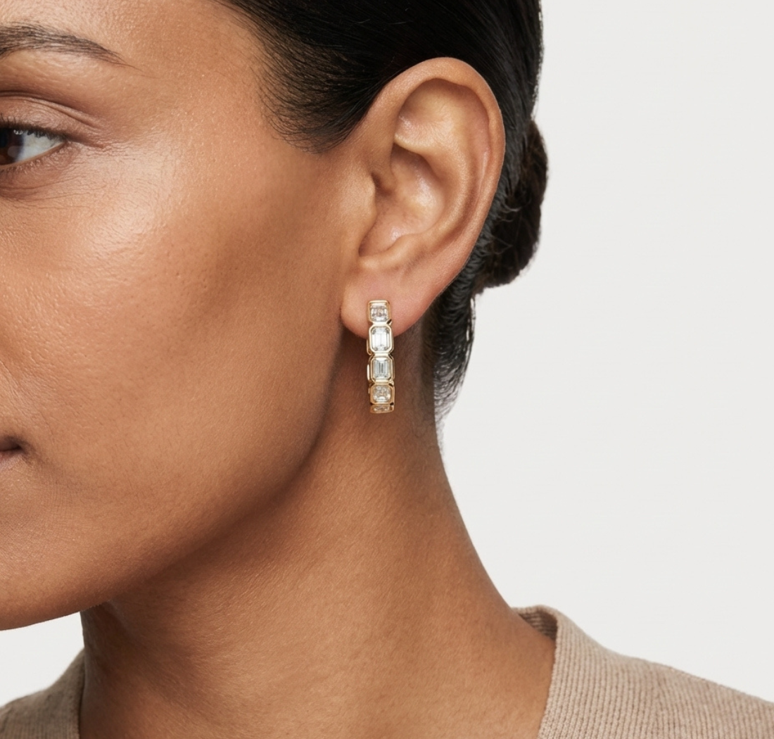 Gold Emerald Bezel Drop Lab Grown Diamond Vylar Earring