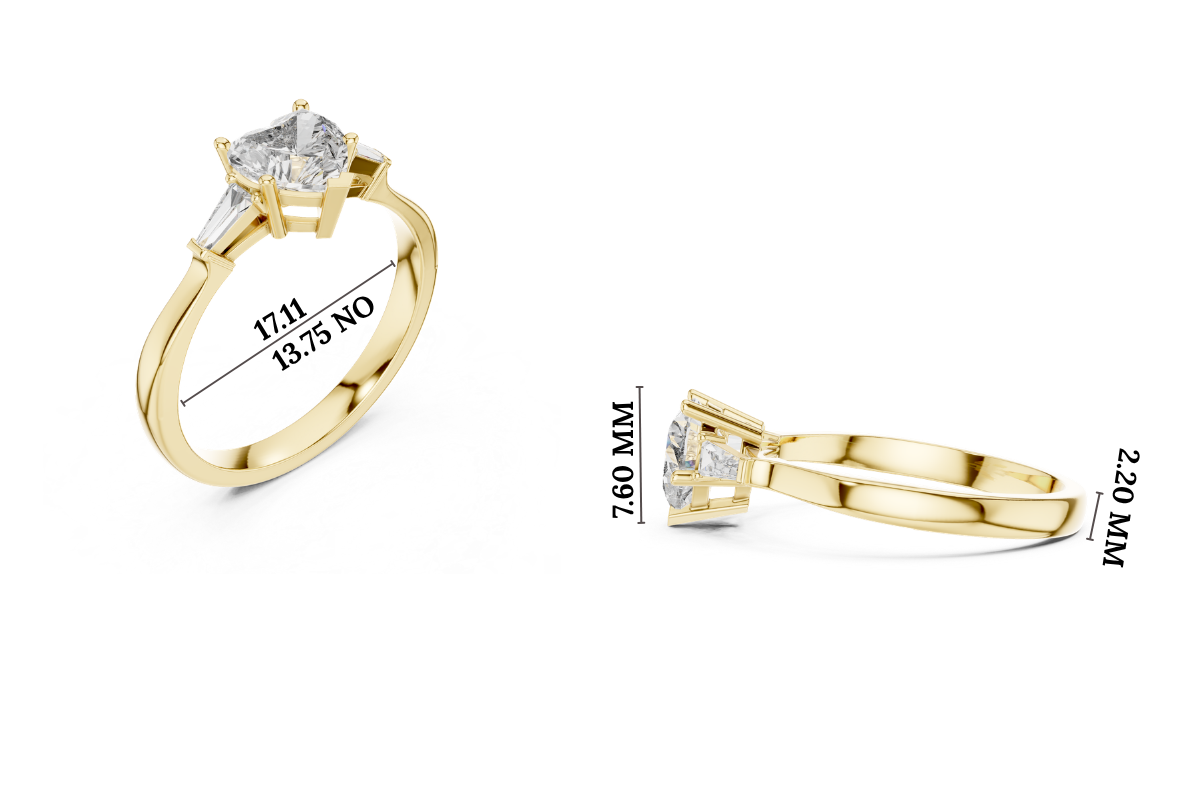 Gold 1Ct Three Stone Tapered Baguette Heart Lab Grown Diamond Malchi Ring
