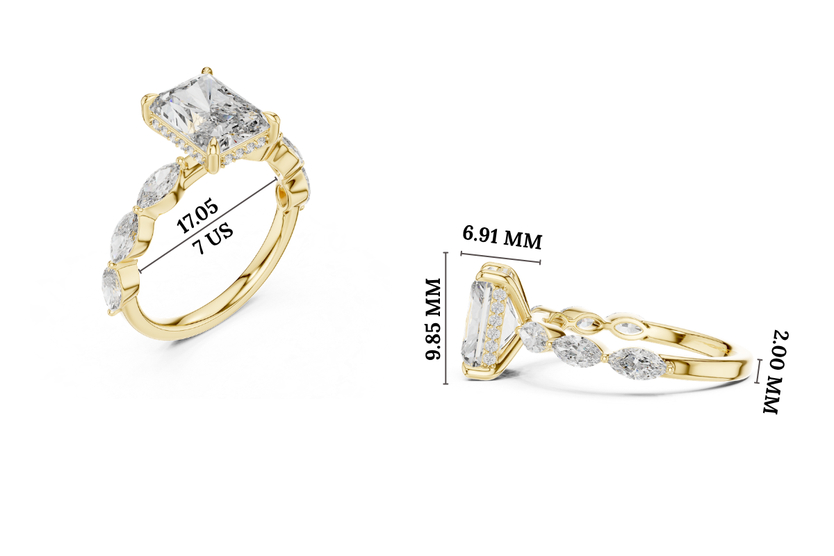 Gold 3Ct Marquise Side Stone Setting Radiant Lab Grown Diamond Leah Ring