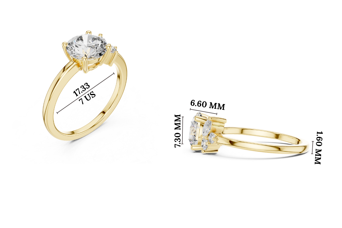 Gold 1Ct Solitaire Round Marquise Side Stone Lab Grown Diamond Nereida Ring