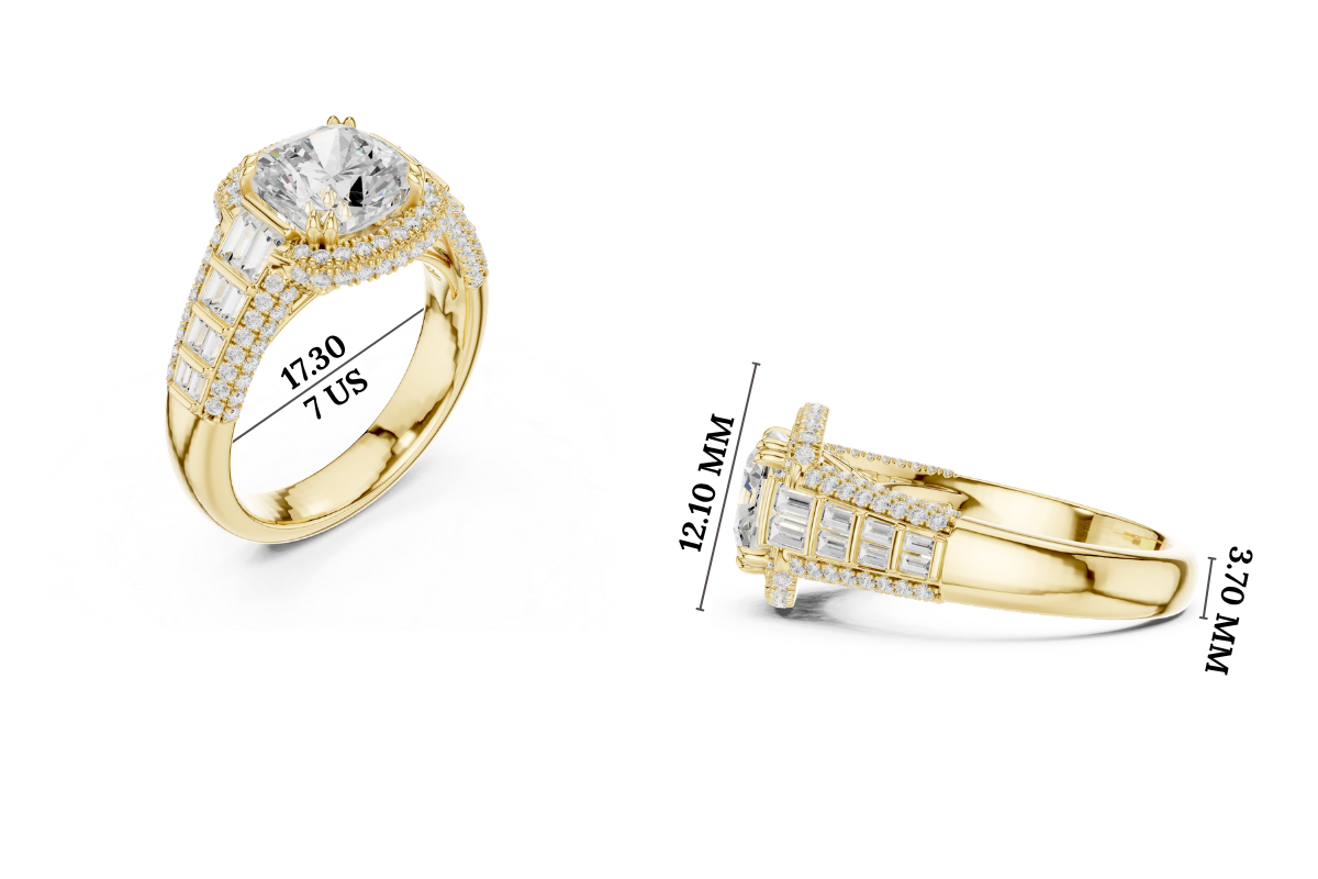 Gold 3Ct Cushion Halo Pave Baguette Lab Grown Diamond Cireyne Ring