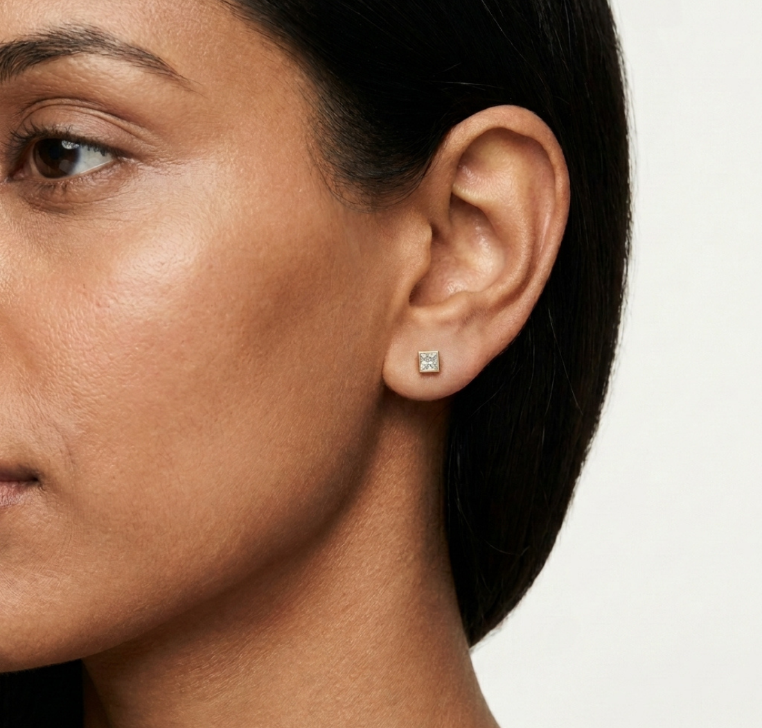 Gold 1Ct Bezel Stud Princess Lab Grown Diamond Wylie Earring