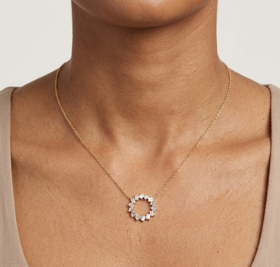 Gold Circle Halo Baguette Lab Grown Diamond Zaira Pendant
