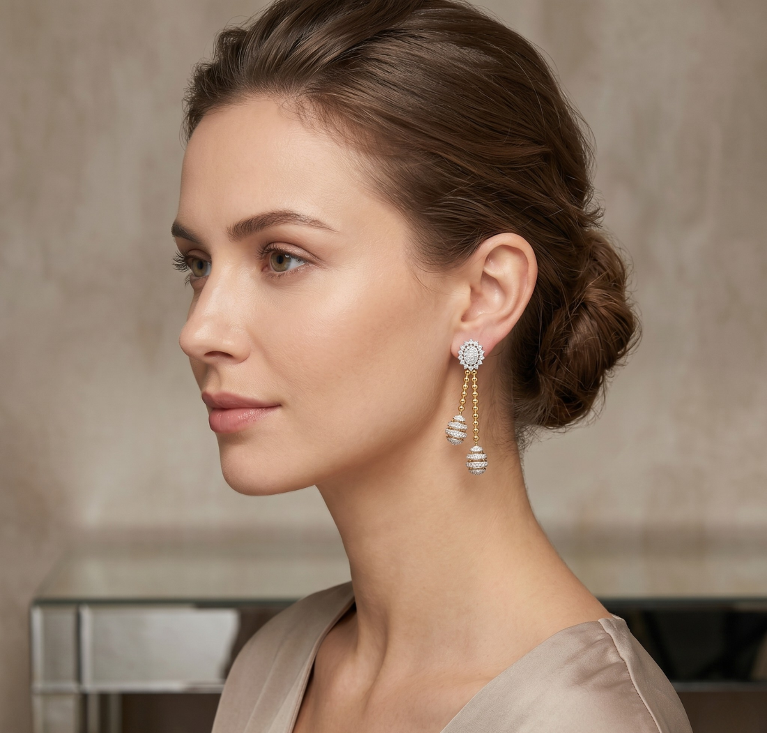 Gold 2Ct Floral Halo Tassel Drop Design Round Lab Grown Diamond Zalara Earring