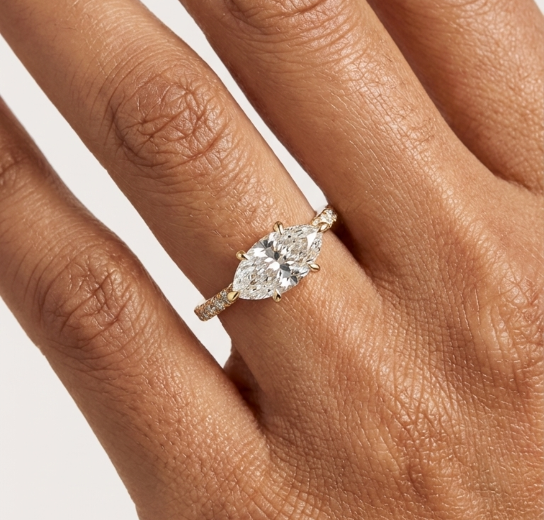Gold 1Ct Solitaire Pave Band Marquise Lab Grown Diamond Zephia Ring