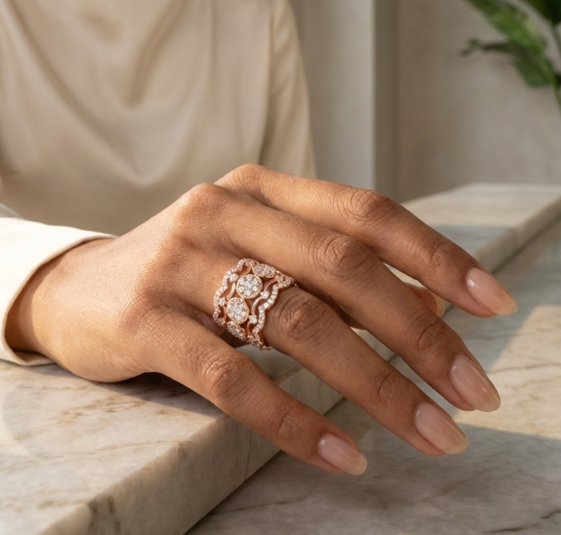 Gold Multi Row Pave Band Round Lab Grown Diamond Zerlyn Ring